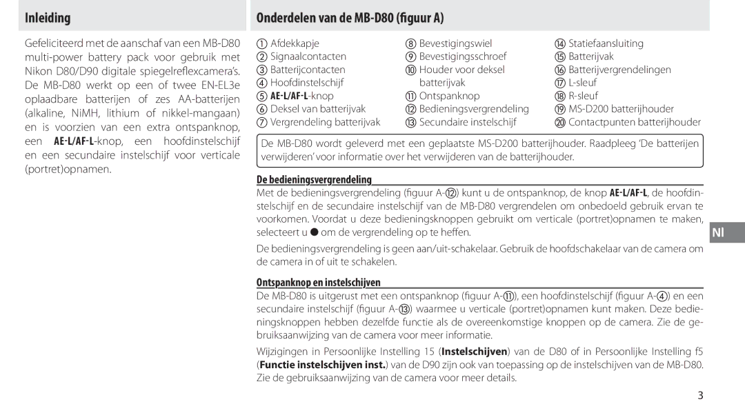 Nikon user manual Inleiding, Onderdelen van de MB-D80 ﬁguur a, De bedieningsvergrendeling, Ontspanknop en instelschijven 