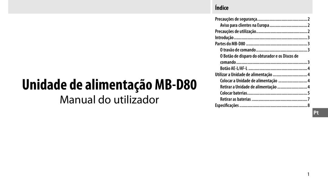 Nikon user manual Unidade de alimentação MB-D80 