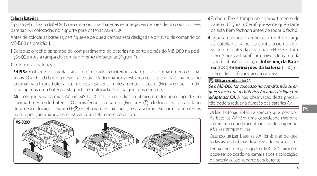 Nikon MB-D80 user manual Colocar baterias, Utilizar um adaptador CA 