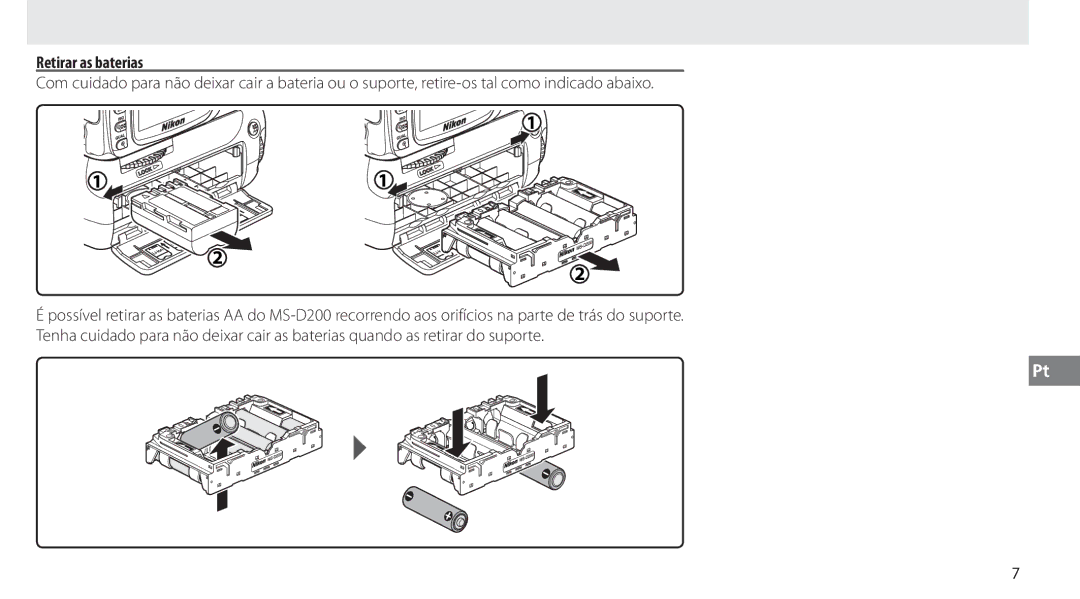 Nikon MB-D80 user manual Retirar as baterias 