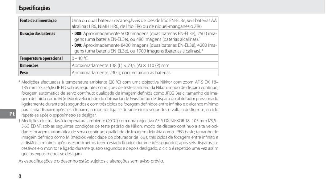 Nikon MB-D80 user manual Especiﬁcações, Dimensões, Aproximadamente 138 L × 73,5 a × 110 P mm 