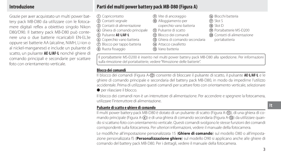 Nikon Introduzione, Parti del multi power battery pack MB-D80 Figura a, Blocco dei comandi, Da utilizzare quan 