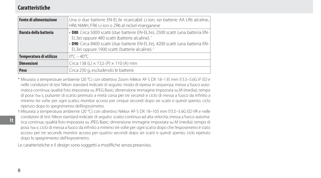 Nikon MB-D80 user manual Caratteristiche, Durata della batteria, Dimensioni 