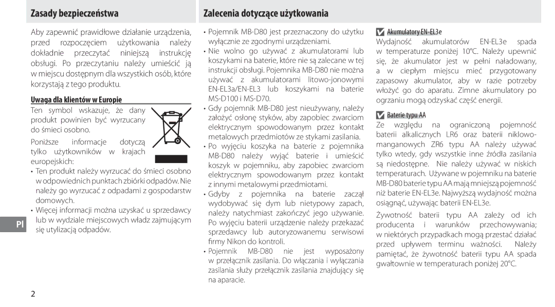 Nikon MB-D80 user manual Zasady bezpieczeństwa, Uwaga dla klientów w Europie, Się utylizacją odpadów, Rmy Nikon do kontroli 