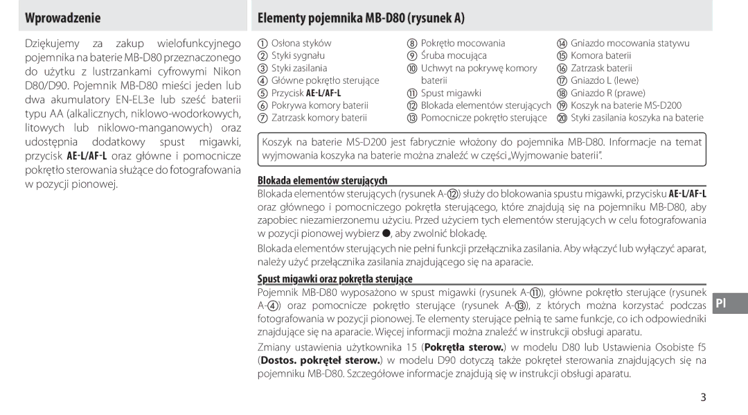 Nikon user manual Wprowadzenie, Elementy pojemnika MB-D80 rysunek a, Blokada elementów sterujących 