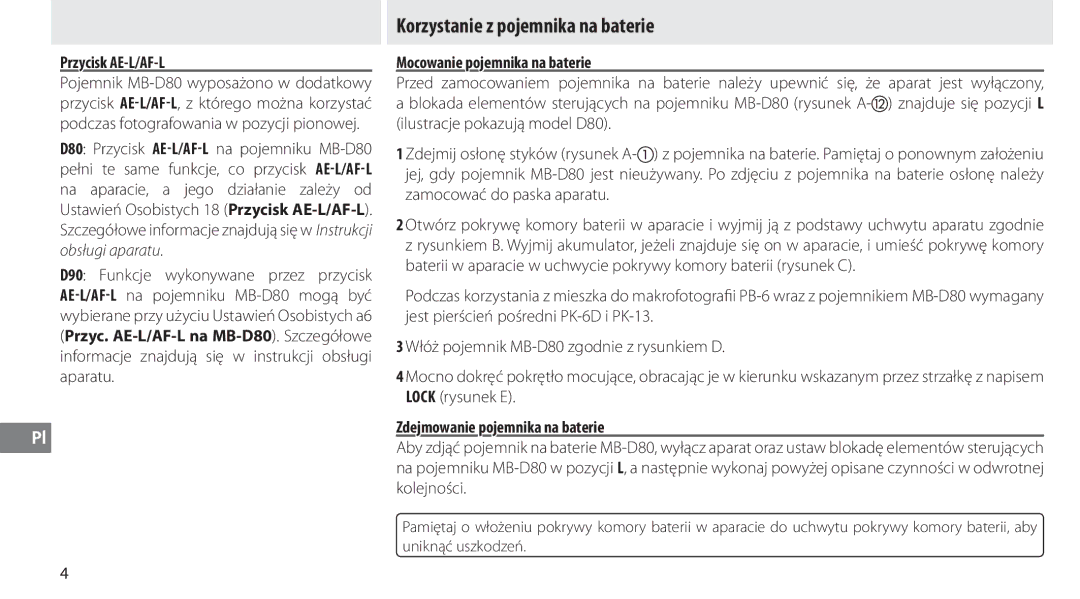 Nikon MB-D80 user manual Korzystanie z pojemnika na baterie, Przycisk AE-L/AF-L, Mocowanie pojemnika na baterie 