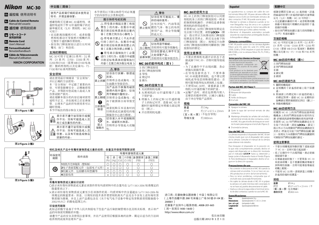 Nikon mc-30 user manual 图1/Figura 1/圖1 图2/Figura 2/圖2, Español, 图3/Figura 3/圖3 