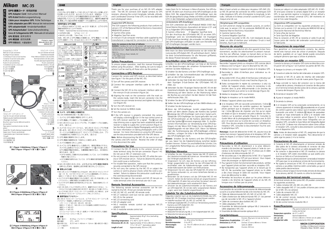 Nikon MC-35 specifications Mesures de sécurité, Precauciones de seguridad, Sicherheitshinweise, Safety Precautions 