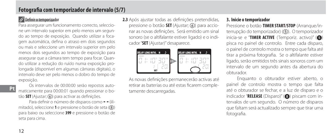 Nikon MC-36 instruction manual Fotografia com temporizador de intervalo 5/7, Inicie o temporizador, Defi nir o temporizador 