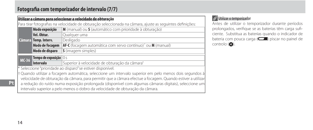 Nikon MC-36 instruction manual Fotografia com temporizador de intervalo 7/7, Utilizar o temporizador, Vel. Obtur, Intervalo 