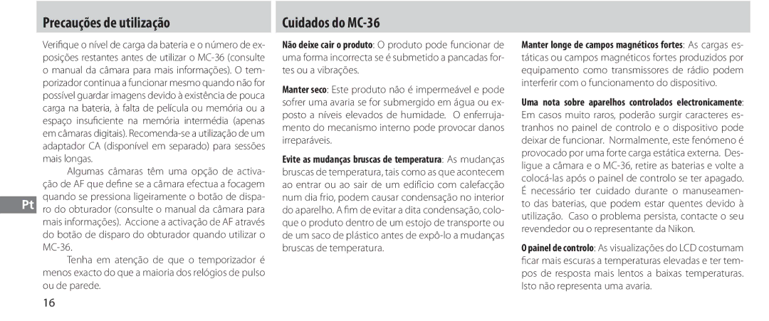 Nikon instruction manual Precauções de utilização, Cuidados do MC-36 