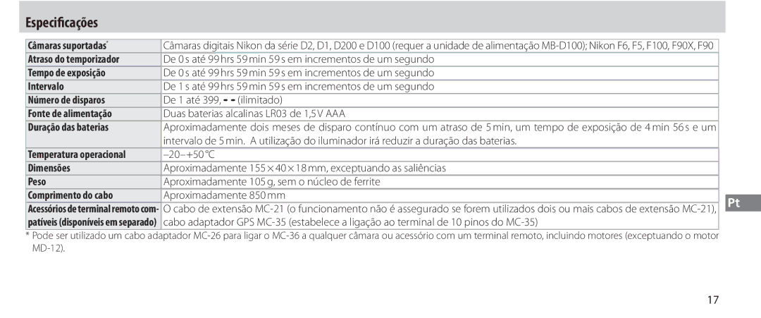 Nikon MC-36 instruction manual Especificações 