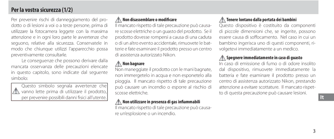 Nikon MC-36 instruction manual Per la vostra sicurezza 1/2, Non disassemblare o modificare, Non bagnare 