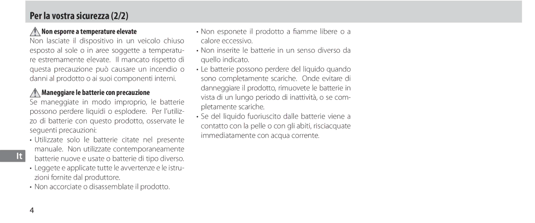 Nikon MC-36 Per la vostra sicurezza 2/2, Non esporre a temperature elevate, Maneggiare le batterie con precauzione 