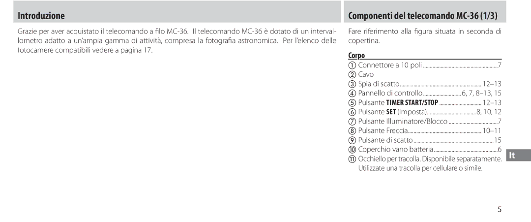 Nikon MC-36 instruction manual Introduzione, Cavo, Utilizzate una tracolla per cellulare o simile 