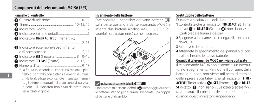 Nikon MC-36 Pannello di controllo, Inserimento delle batterie, Sostituzione delle batterie, Indicatore di batterie deboli 