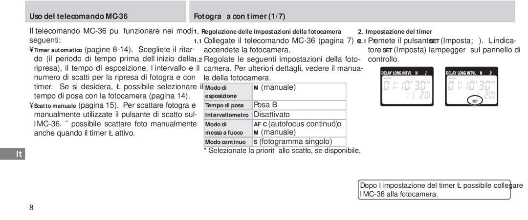 Nikon instruction manual Uso del telecomando MC-36, Fotografia con timer 1/7, Impostazione del timer 