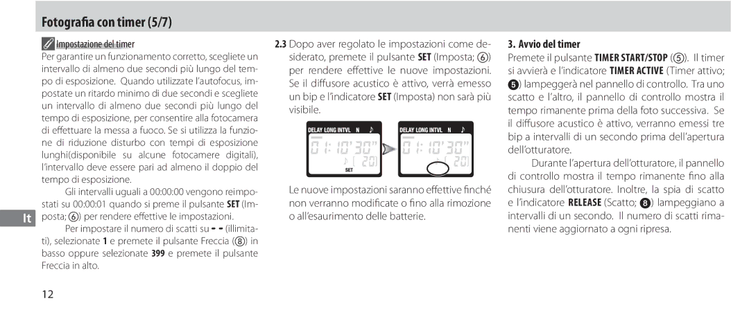 Nikon MC-36 instruction manual Fotografia con timer 5/7, Avvio del timer, Impostazione del timer 