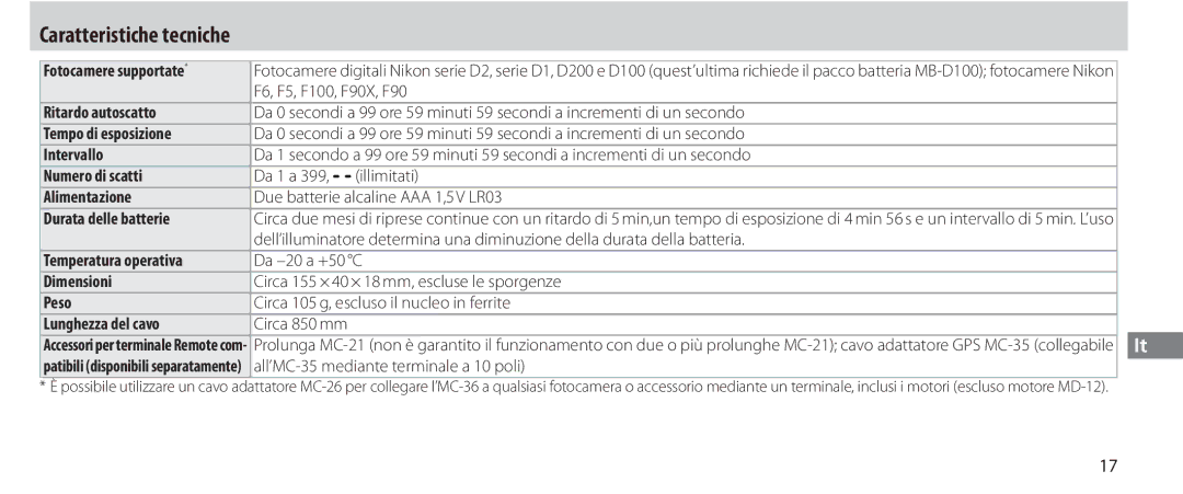 Nikon MC-36 instruction manual Caratteristiche tecniche 