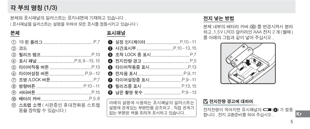 Nikon MC-36 instruction manual 부의 명칭 1/3, 전지 넣는 방법, 표시패널 