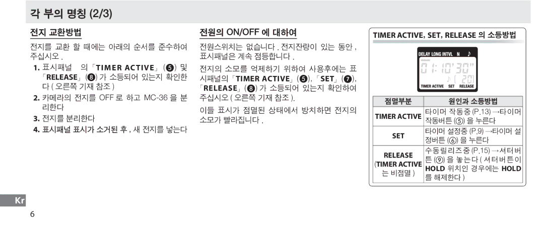 Nikon MC-36 부의 명칭 2/3, 전지 교환방법, 전원의 On/Off 에 대하여, 표시패널 의「Timer Active」 및, Timer ACTIVE, SET, Release 의 소등방법 