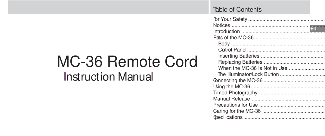 Nikon instruction manual MC-36 Remote Cord, Table of Contents 