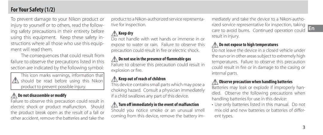 Nikon MC-36 instruction manual For Your Safety 1/2, Do not disassemble or modify, Keep dry, Keep out of reach of children 