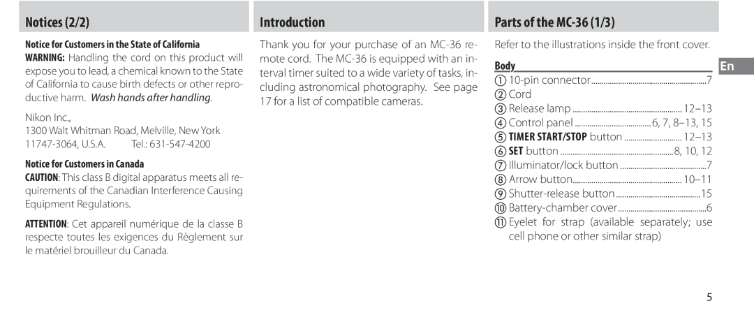 Nikon instruction manual Introduction, Parts of the MC-36 1/3, Body 