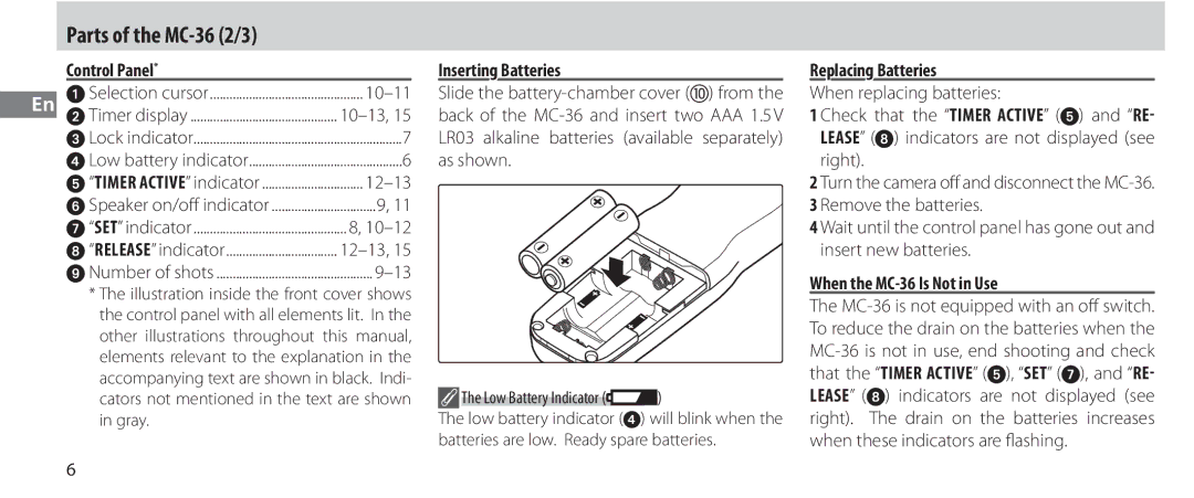 Nikon Parts of the MC-36 2/3, Control Panel, Inserting Batteries, Replacing Batteries, When the MC-36 Is Not in Use 