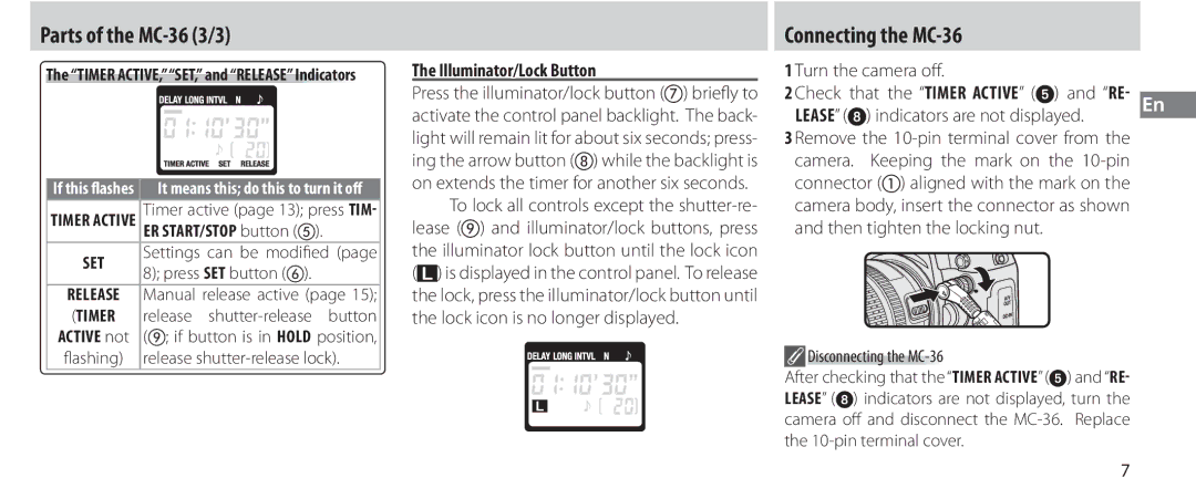 Nikon instruction manual Parts of the MC-36 3/3, Connecting the MC-36, Illuminator/Lock Button 