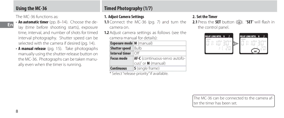 Nikon Using the MC-36 Timed Photography 1/7, MC-36 functions as, Adjust Camera Settings, Set the Timer 