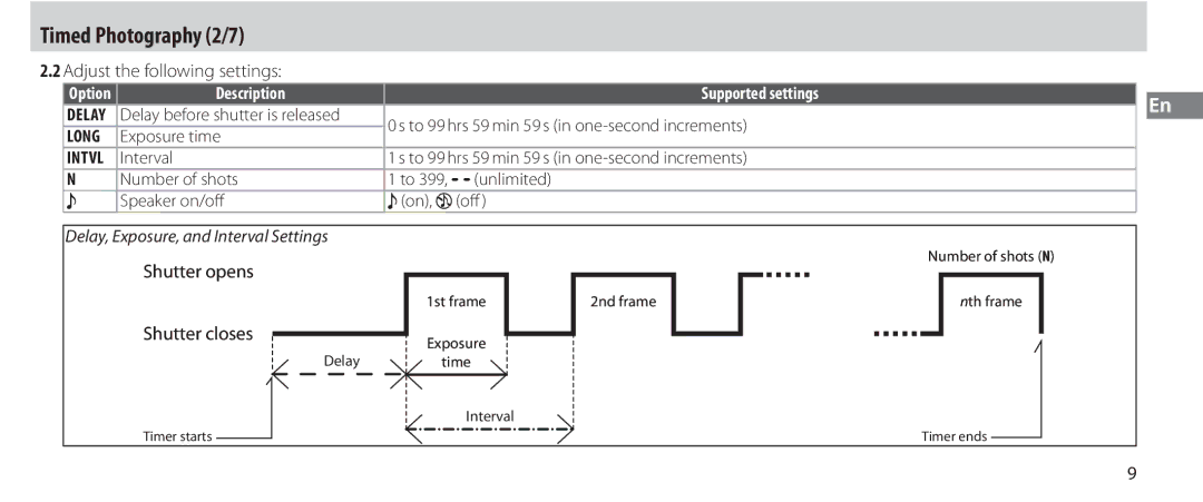 Nikon MC-36 Timed Photography 2/7, Adjust the following settings, Shutter opens Shutter closes, Exposure time, 2nd frame 