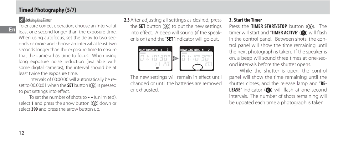 Nikon MC-36 instruction manual Start the Timer, Least twice the exposure time, To put settings into eﬀect, Down or 