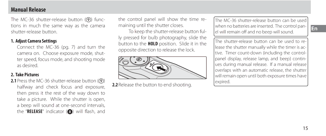 Nikon MC-36 instruction manual Manual Release, Take Pictures, Release the button to end shooting 