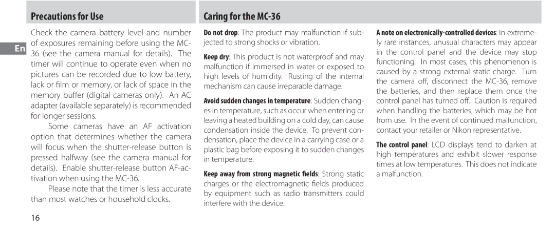 Nikon instruction manual Precautions for Use, Caring for the MC-36, For longer sessions 