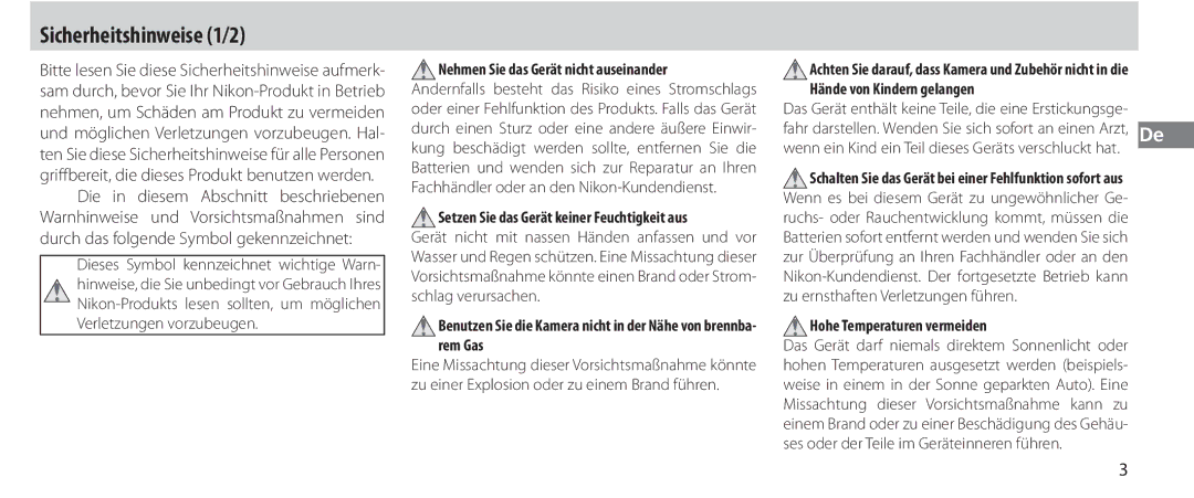 Nikon MC-36 instruction manual Sicherheitshinweise 1/2, Nehmen Sie das Gerät nicht auseinander, Hohe Temperaturen vermeiden 