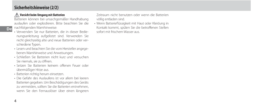 Nikon MC-36 instruction manual Sicherheitshinweise 2/2, Vorsicht beim Umgang mit Batterien 