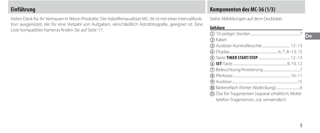 Nikon instruction manual Einführung, Komponenten des MC-36 1/3, Gehäuse 