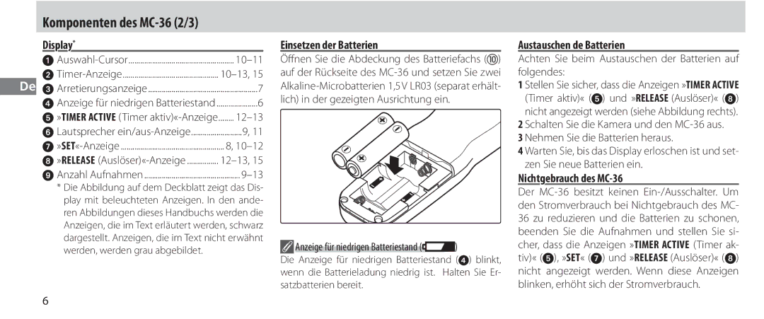 Nikon Display, Einsetzen der Batterien, Austauschen de Batterien, Nichtgebrauch des MC-36, Komponenten des MC-36 2/3 