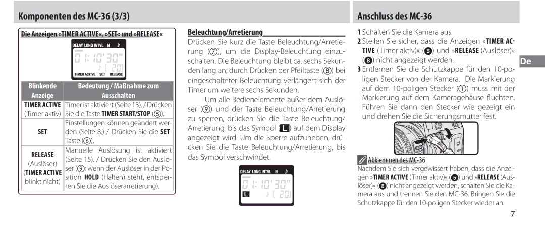 Nikon instruction manual Komponenten des MC-36 3/3, Anschluss des MC-36, Beleuchtung/Arretierung 