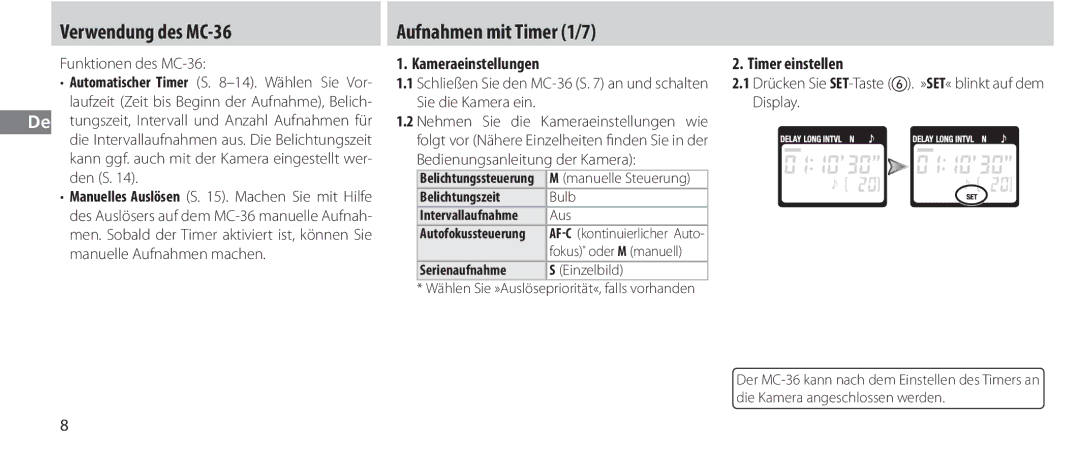 Nikon Verwendung des MC-36, Aufnahmen mit Timer 1/7, Kameraeinstellungen Timer einstellen, Funktionen des MC-36 