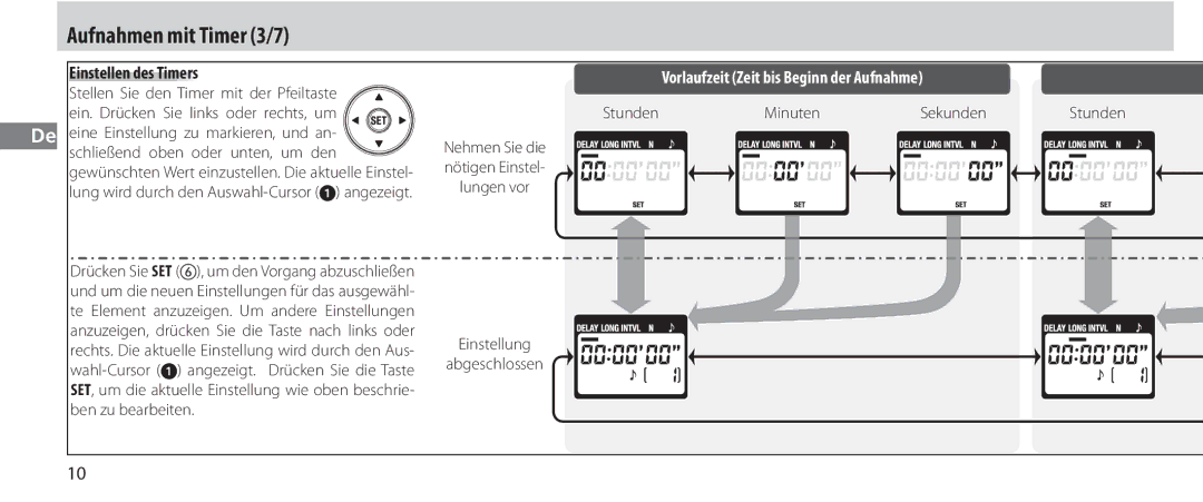 Nikon MC-36 Aufnahmen mit Timer 3/7, Einstellen des Timers, Einstellung Abgeschlossen, Stunden Minuten Sekunden 