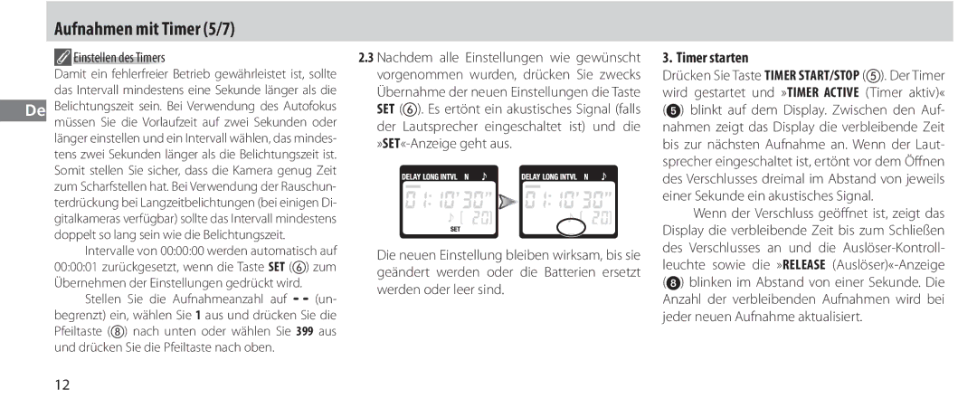 Nikon MC-36 instruction manual Aufnahmen mit Timer 5/7, Timer starten, Einstellen des Timers 