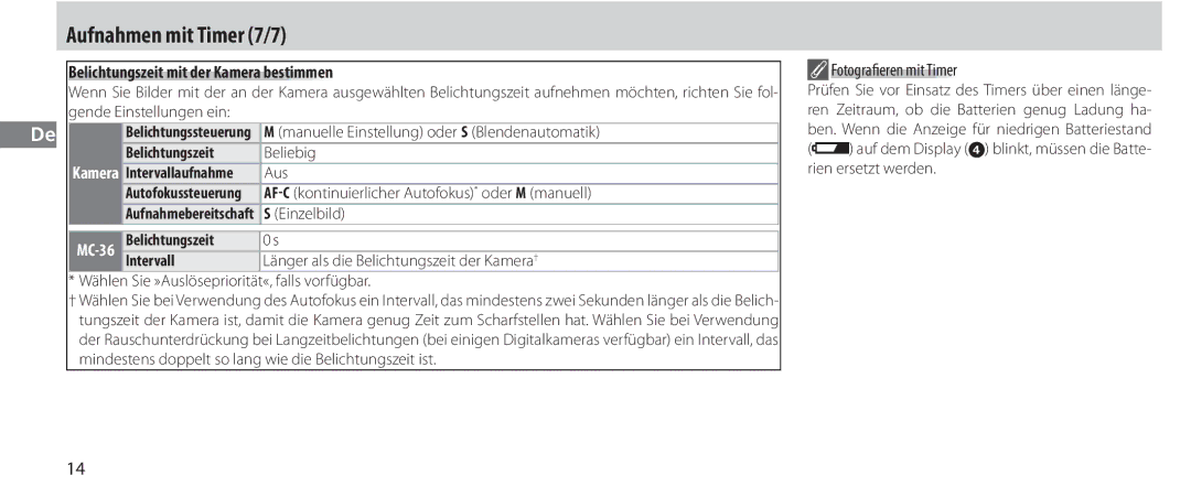 Nikon MC-36 instruction manual Aufnahmen mit Timer 7/7, Belichtungszeit mit der Kamera bestimmen, Fotografi eren mit Timer 