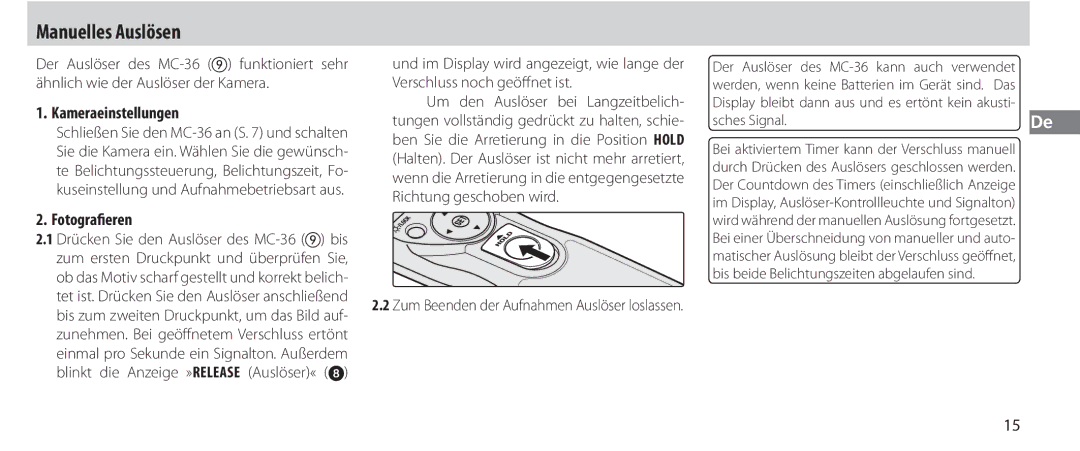 Nikon MC-36 instruction manual Manuelles Auslösen, Kameraeinstellungen, Fotografieren 