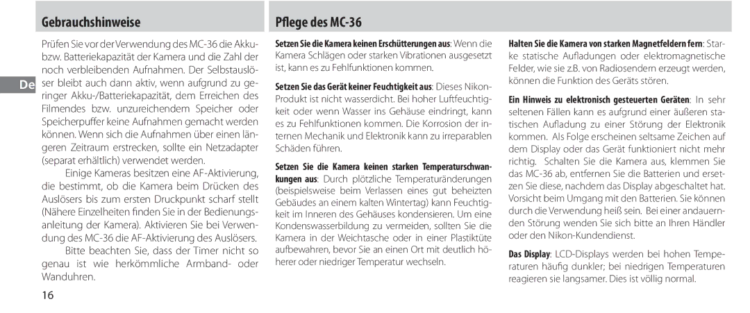 Nikon instruction manual Gebrauchshinweise, Pflege des MC-36, Separat erhältlich verwendet werden 