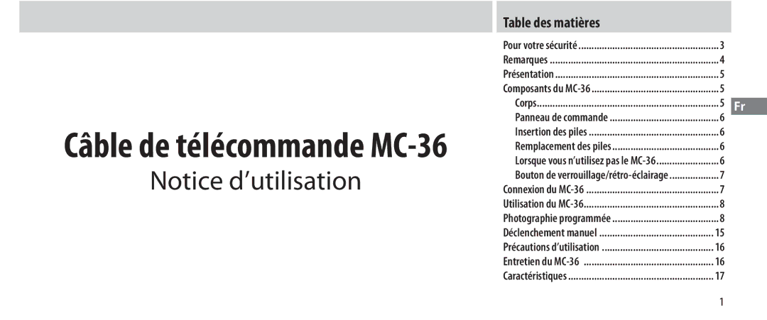 Nikon MC-36 instruction manual Table des matières, Corps 