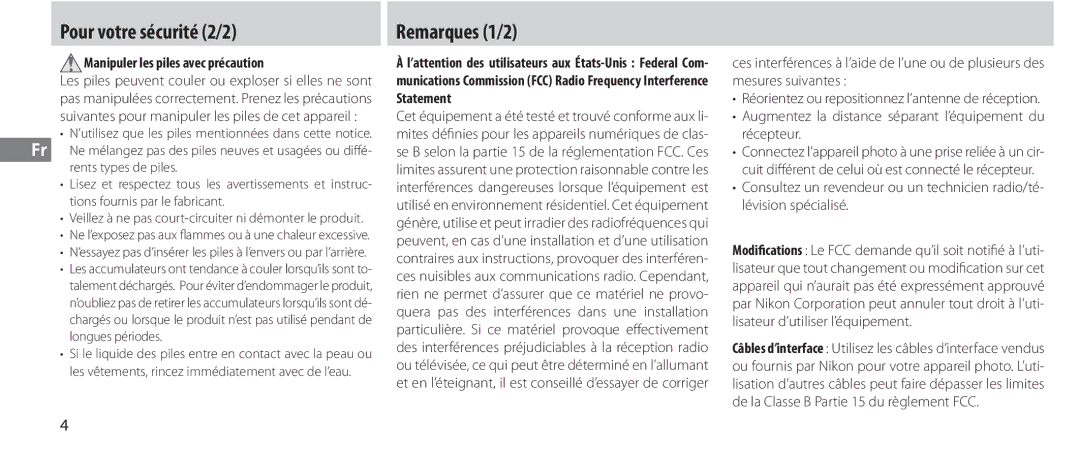 Nikon MC-36 instruction manual Pour votre sécurité 2/2, Remarques 1/2, Manipuler les piles avec précaution 