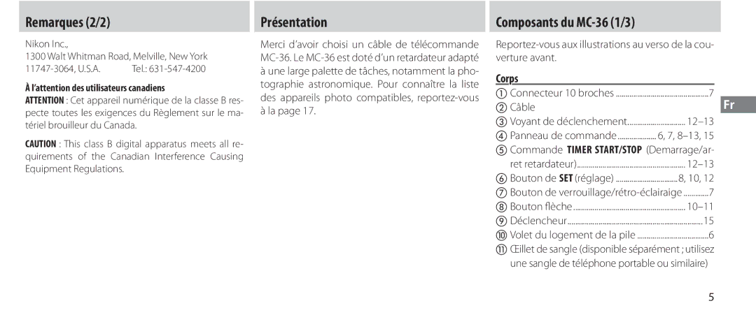 Nikon Remarques 2/2, Présentation, Composants du MC-36 1/3, Câble, ’attention des utilisateurs canadiens 