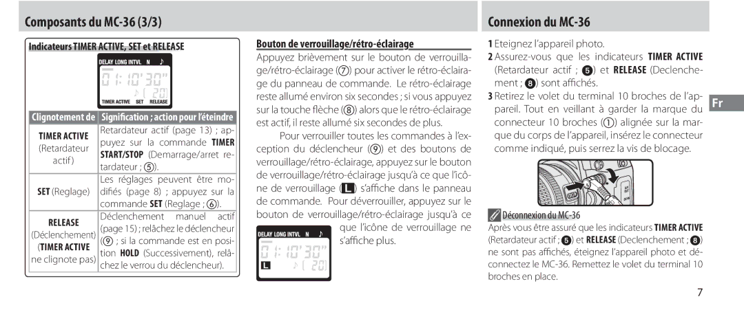 Nikon Composants du MC-36 3/3, Connexion du MC-36, Bouton de verrouillage/rétro-éclairage, Eteignez l’appareil photo 